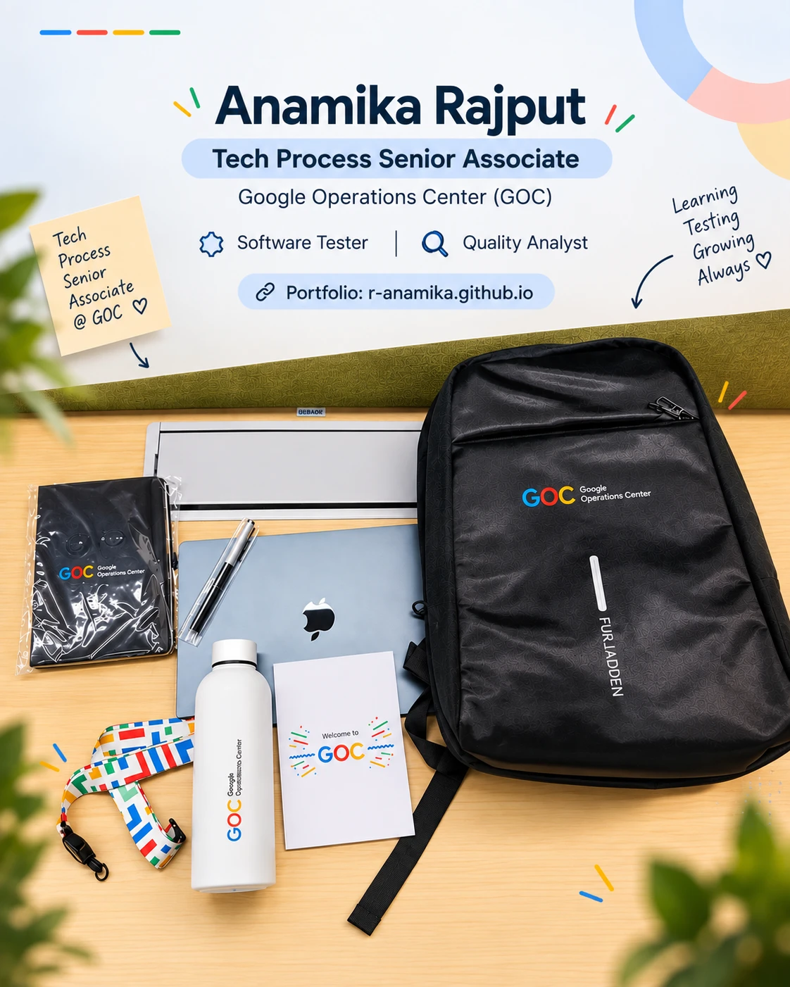 Google Operations Center welcome kit on a desk — branded backpack, notebook, water bottle, lanyard and a Welcome to GOC card — under a header reading Anamika Rajput, Tech Process Senior Associate, Google Operations Center (GOC).