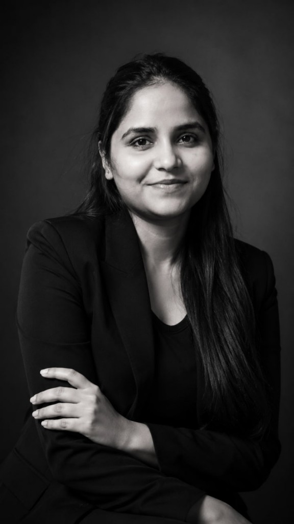 Anamika Rajput, black-and-white studio portrait